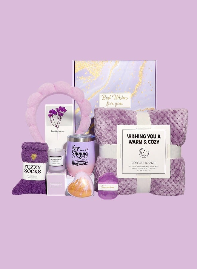 Thoraya Multi-Occasion Gift set Birthday Gift for ladies,Unique Gift Basket Ideas with Luxury Flannel Blanket Purple Gifts Box for Her Relaxing Gift Set Self Care Gifts Birthday Presents Female Friendship Gifts for Her Best Friend Bestie Girlfriend Mom Wife Sister (Ramadan/Anniversary Gift) - Image 3